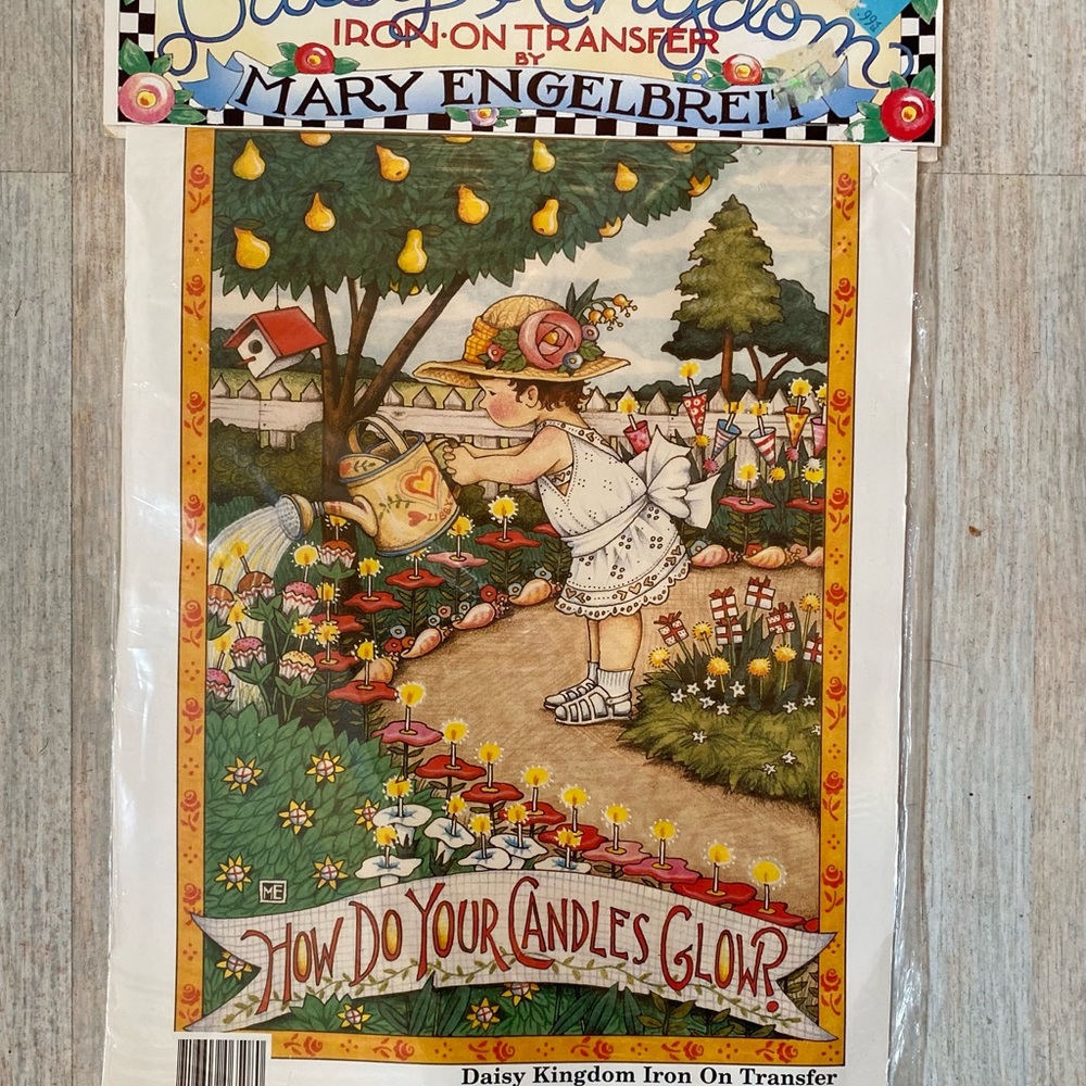 Mary Engelbert. Vintage. 1996. Iron on transfer. “How do your candles glow?”
